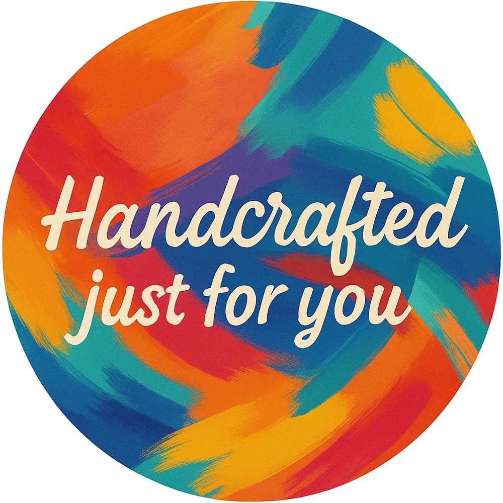 Colorful Handcrafted just for you stickers. 60 count